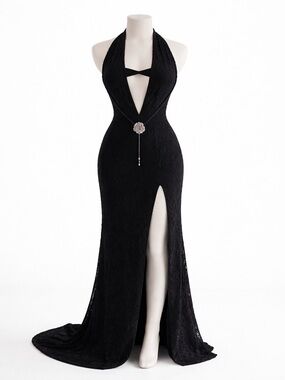 Murci Black Lace Halter Maxi Gown US 6 Plunge Open Back High Slit Evening